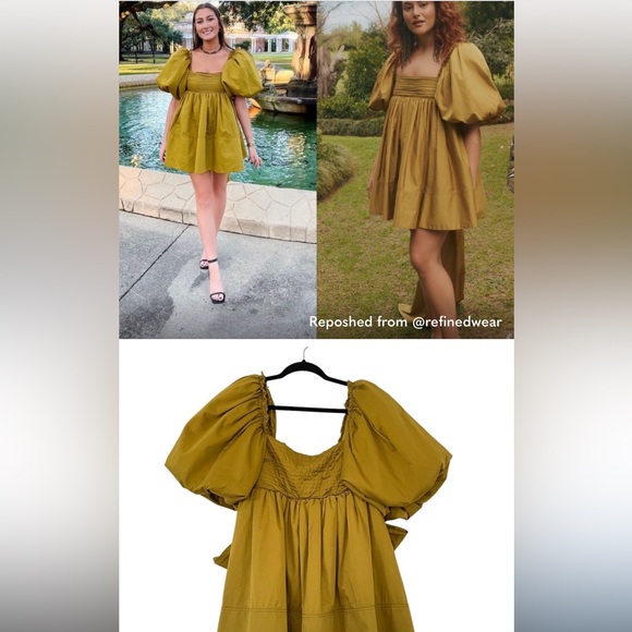 Good Luck Gem Lime Slime Green Tier Ruffle Square Neck Balloon Puff Sleeve Dress - Picture 13 of 15